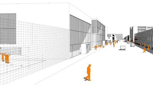 Sports facilities and cafeteria on the left